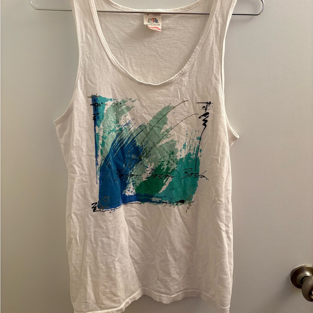 Vintage White Tank Top with Blue and Green Abstract Design